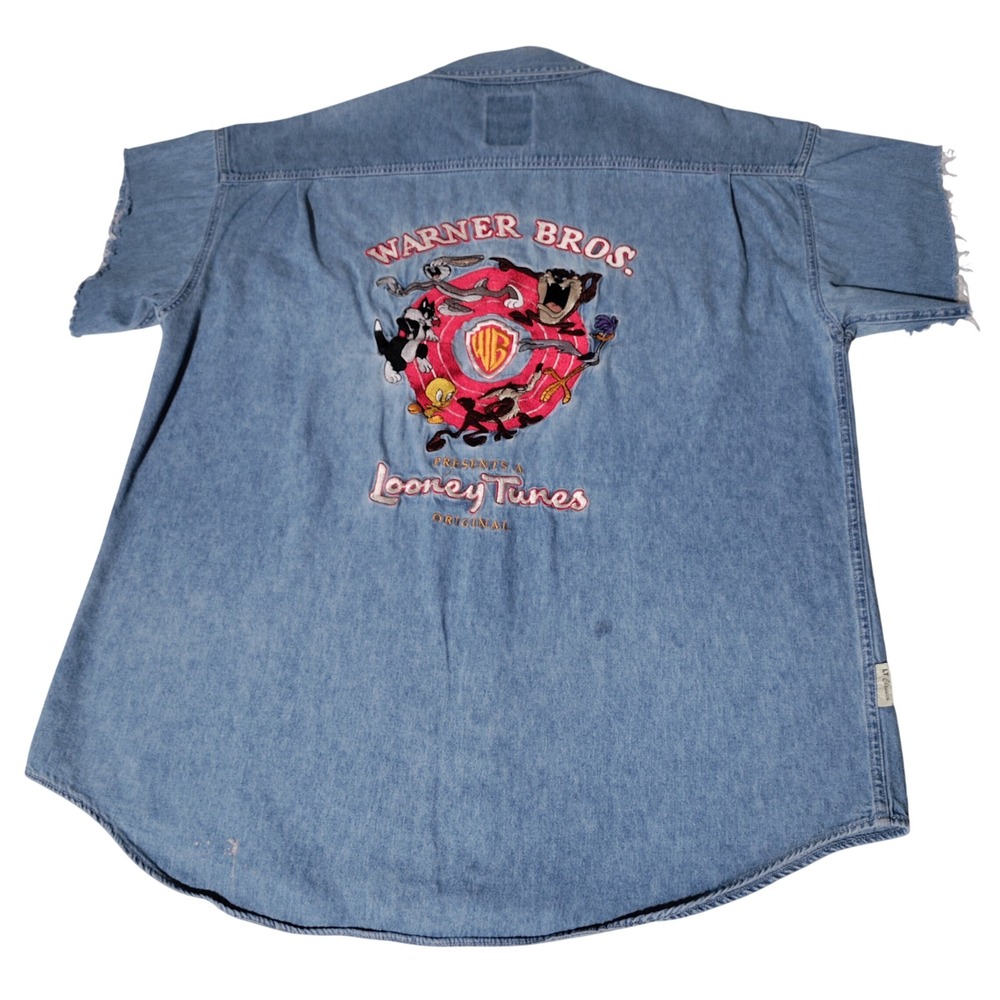 VTG Looney Tunes Warner Bros Denim CutOff Shirt XL Light Wash Blue 90s - Trashed